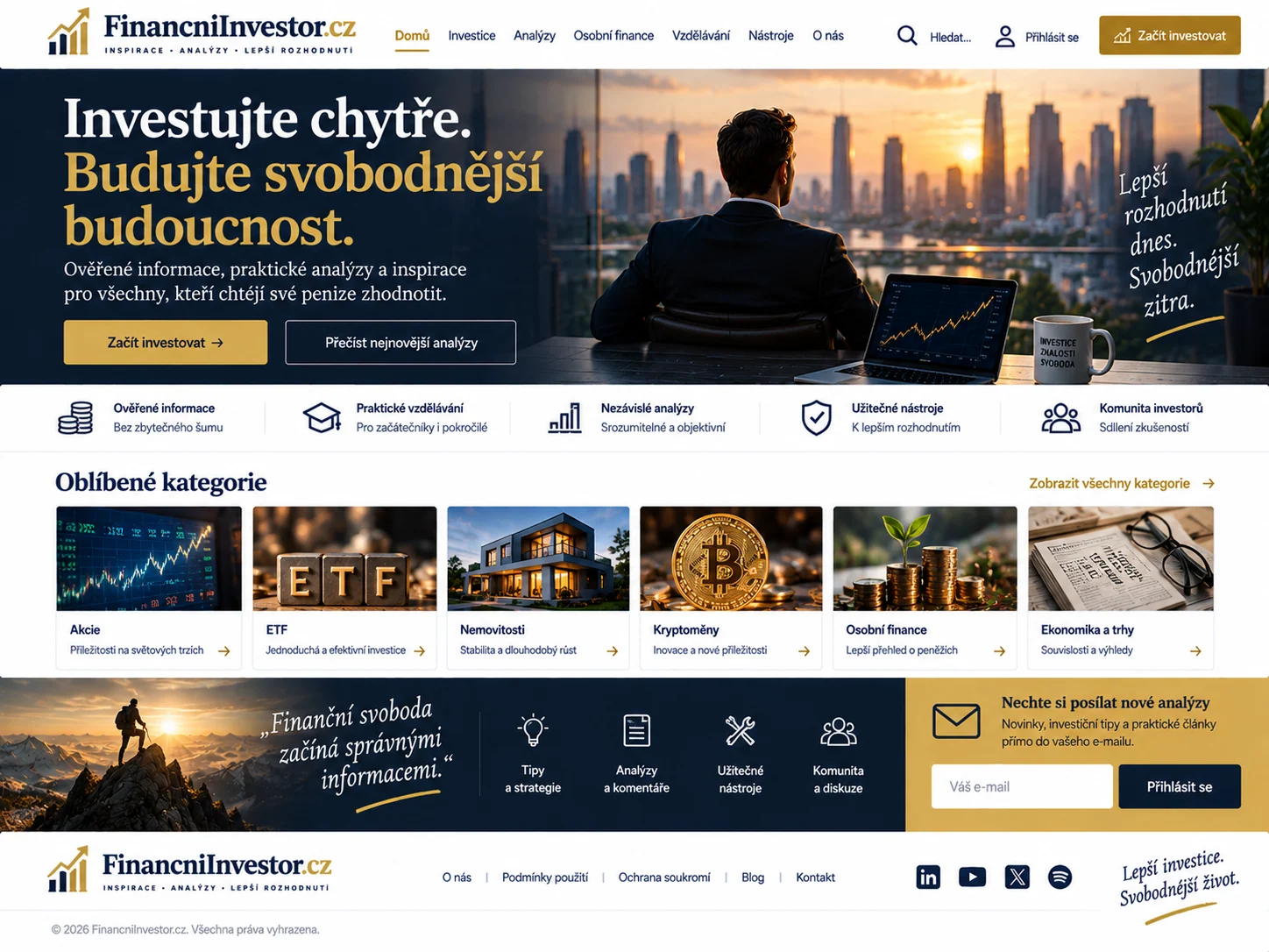 Ilustrační návrh FinancniInvestor.cz jako vzdělávacího a analytického portálu o investování